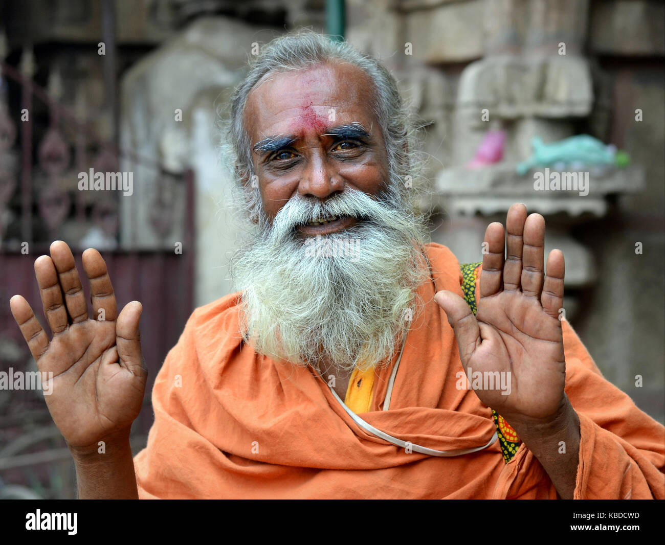 Old Shaivite sadhu (Hindu holy man who worships Shiva) with white beard raising both his hands to give a blessing and looking into the camera Stock Photo