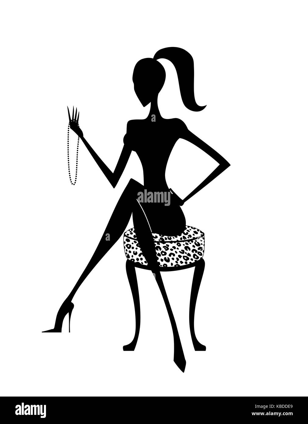 Fashion silhouette of a chic young woman seated on an animal print stool holding a pearl necklace Stock Photo