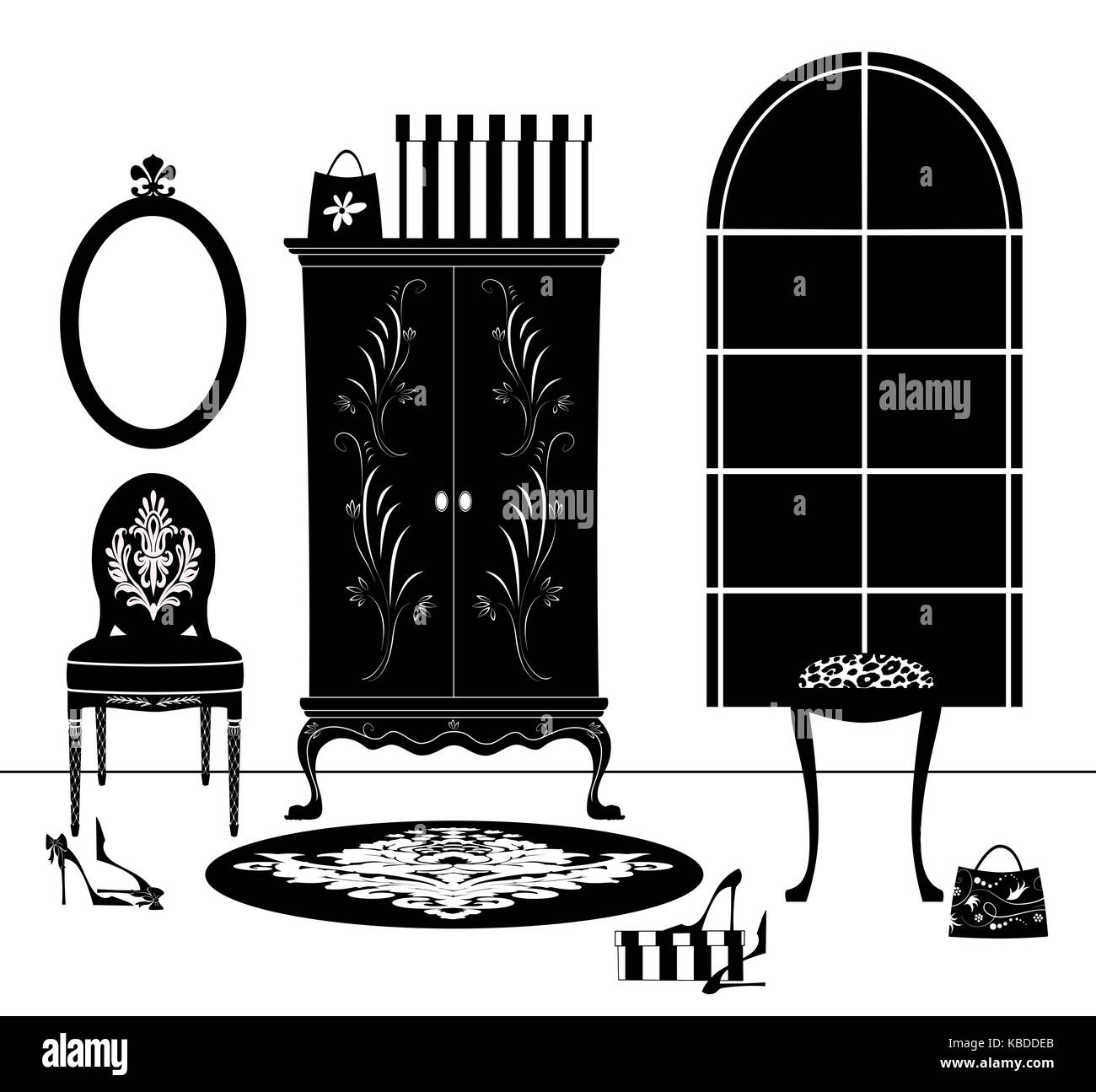 Cute black and white drawing of boudoir or bedroom with armoire, mirror, and shoes Stock Photo