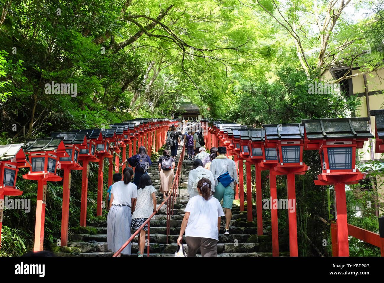 Steps leading up to Kifune Shrine, a Shinto shrine in the village of Kibune just north of Kyoto City in Japan. Stock Photo