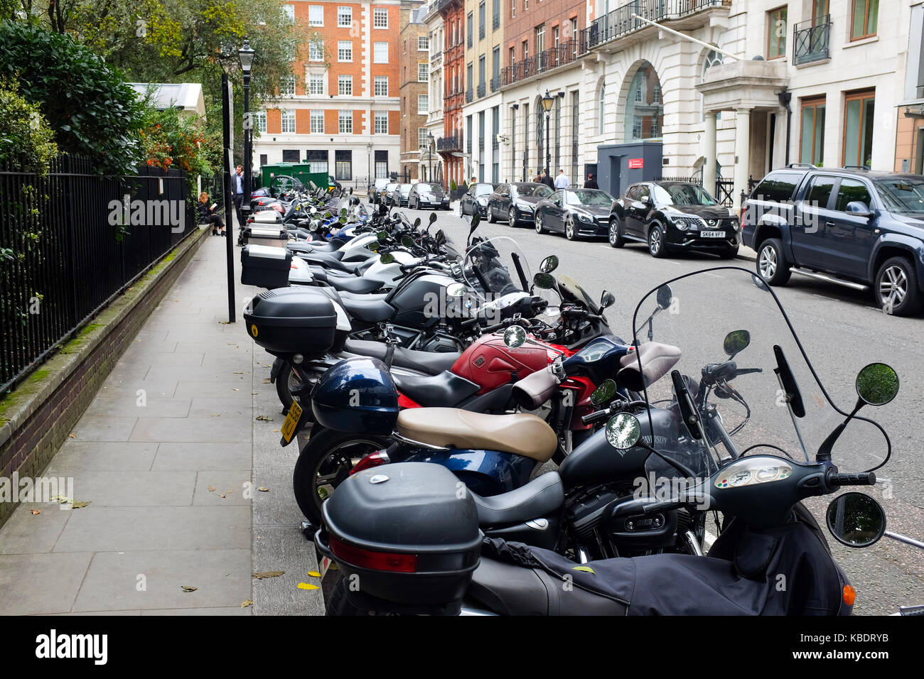 Motorcycles parked in central London, England. Stock Photo