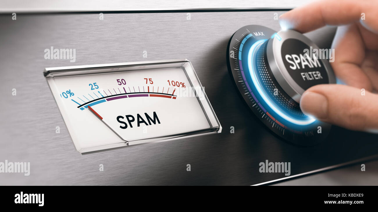Conceptual image of spam filter, hand turning a knob to the maximum email filtering position. Concept of junk mail avoidance. Composite between an ima Stock Photo
