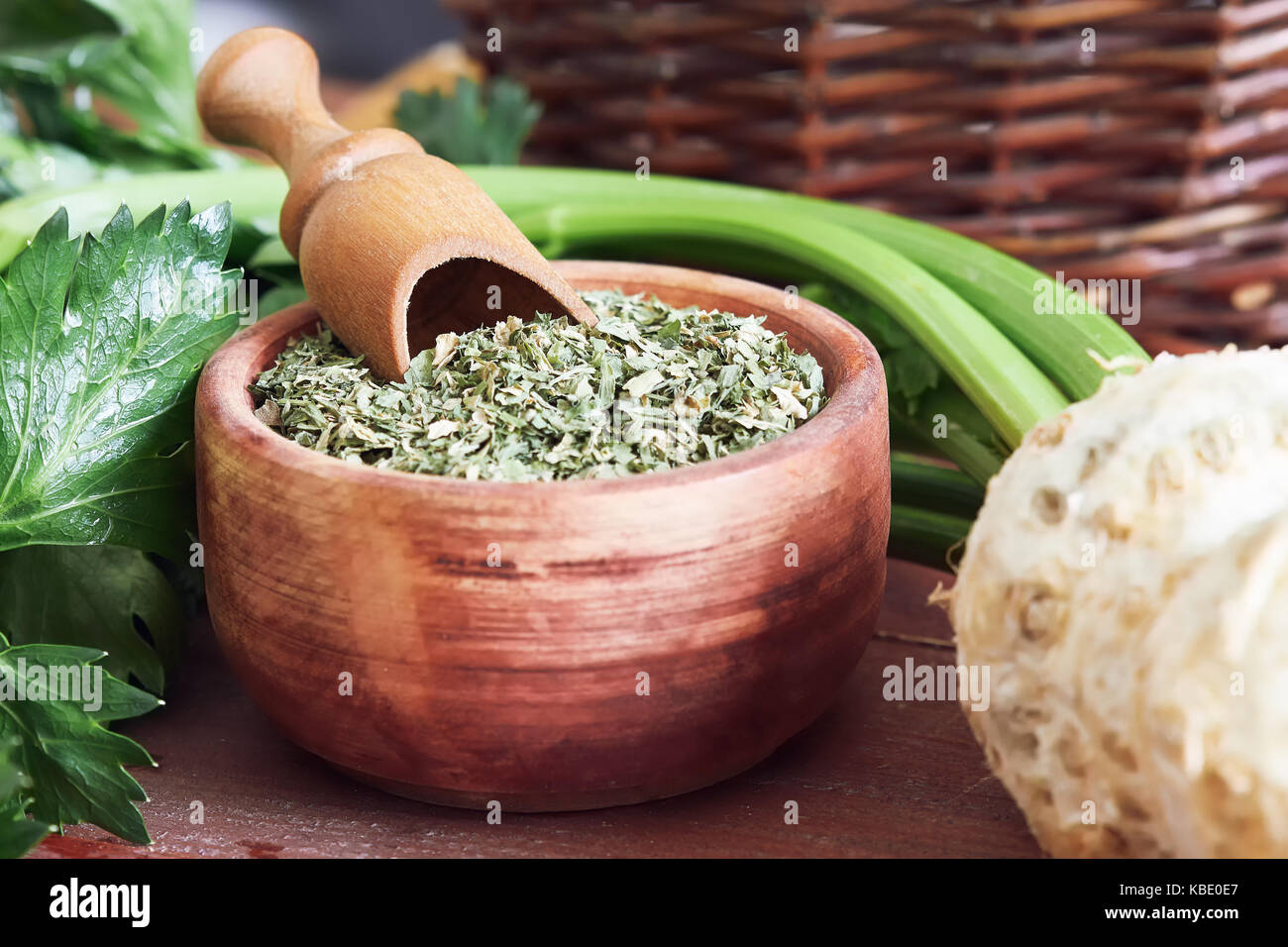 Dried celery leaves with fresh raw celery root, stalk and leaves Stock