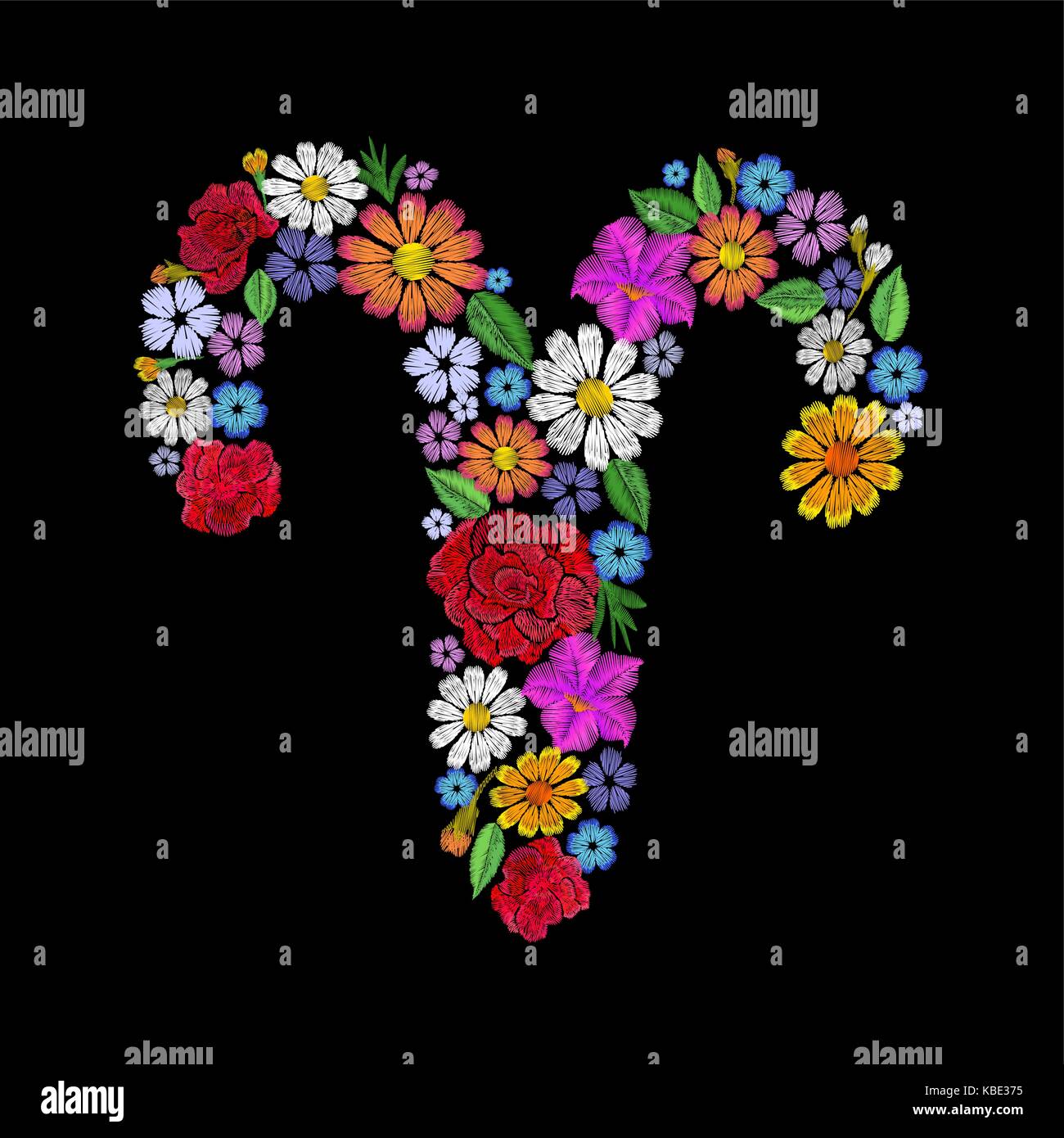 Aries zodiac sign flower arrangement. Horoscope astrology fashion floral embroidery patch design template. Texture stitch effect. Textile print on bla Stock Vector