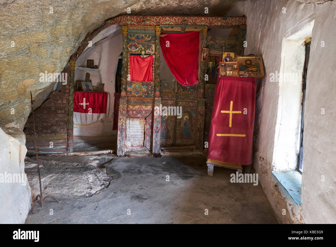 The interior of the Chapel of Theoskepasti at Theoktisti monastery, Ikaria, Greece. Stock Photo