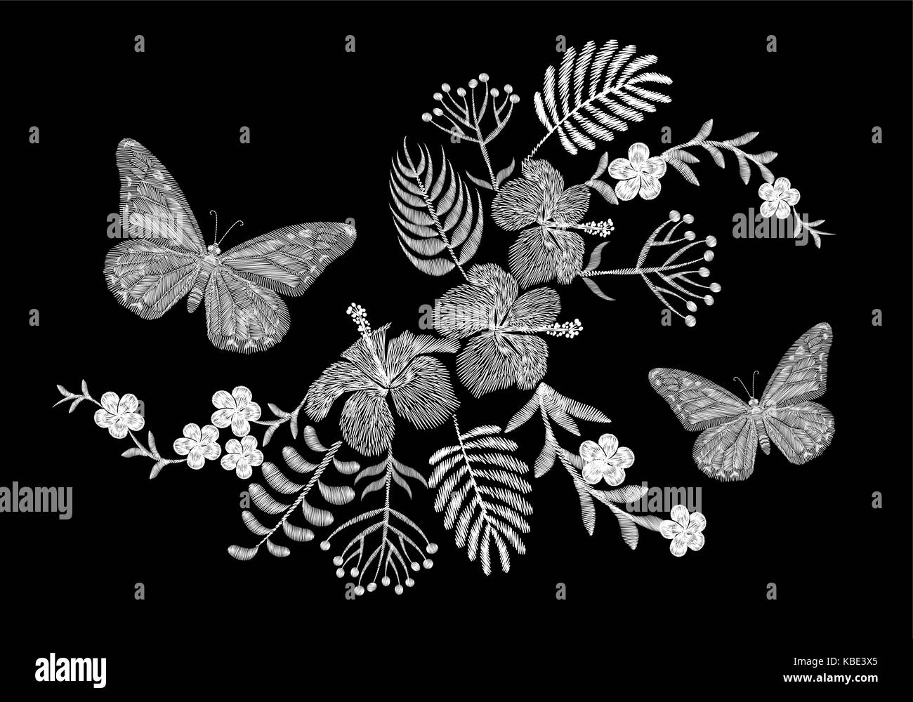 Butterfly tropical embroidery flower arrangement. Exotic palm plant blossom summer jungle. Fashion print textile patch. Hawaii hibiscus plumeria vecto Stock Vector