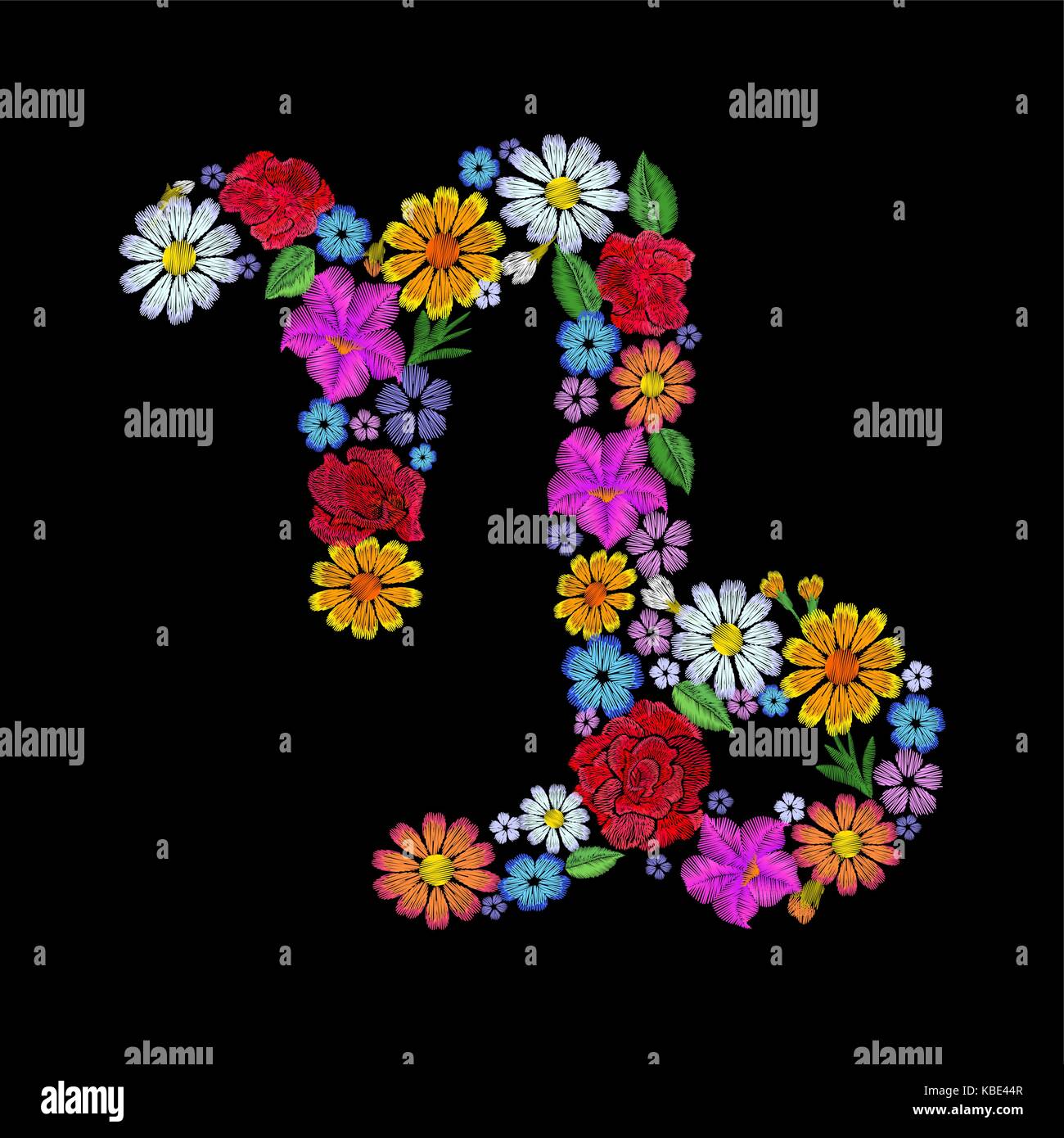 Capricornus zodiac sign flower arrangement. Horoscope astrology fashion floral embroidery patch design template. Texture stitch effect. Textile print  Stock Vector