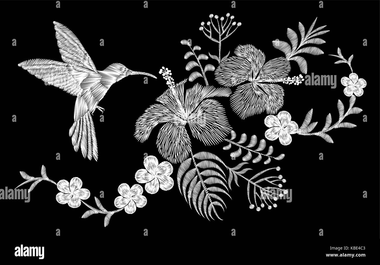 Hummingbird tropical embroidery flower arrangement. Exotic palm plant blossom summer jungle. Fashion print textile patch. Hawaii hibiscus plumeria vec Stock Vector