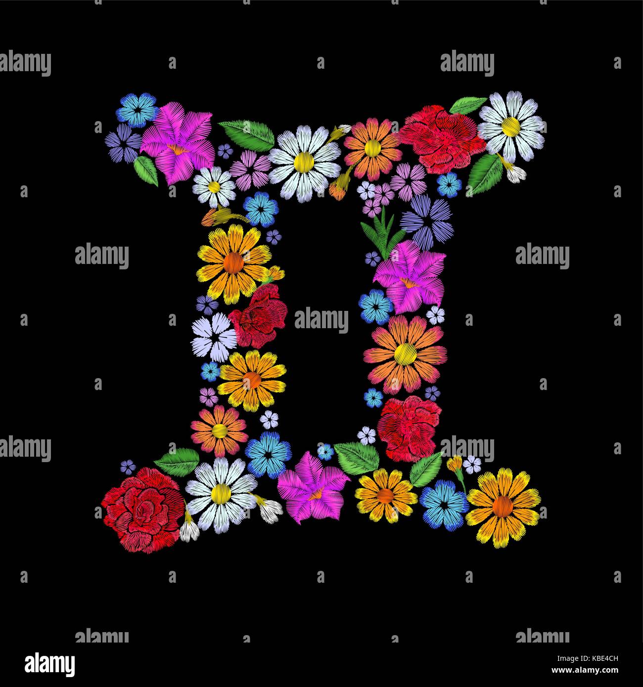 Gemini zodiac sign flower arrangement. Horoscope astrology fashion floral embroidery patch design template. Texture stitch effect. Textile print on bl Stock Vector