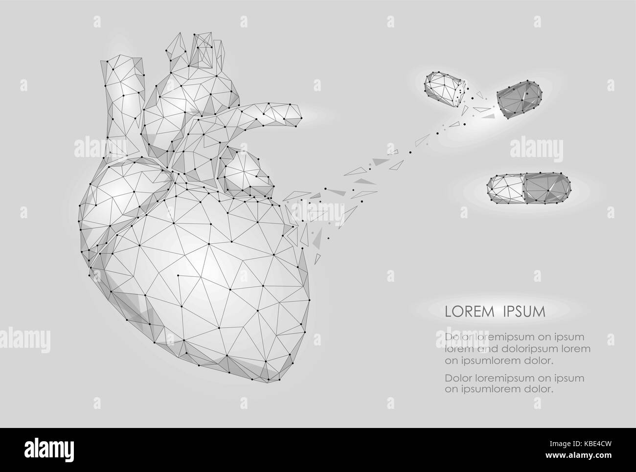 Human Heart Medicine Treatment Drug Internal Organ Triangle Low Poly. Connected dots white gray neutral color technology 3d model medicine healthy bod Stock Vector