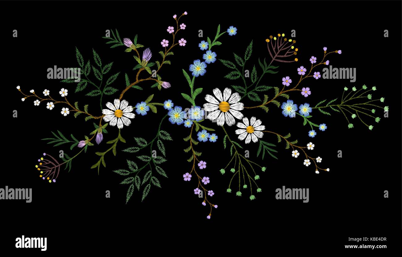 Embroidery trend floral pattern small branches herb daisy with little blue violet flower. Ornate traditional folk fashion patch design neckline blosso Stock Vector