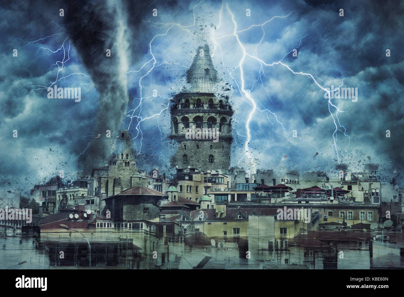 galata tower in the middle of the hurricane Stock Photo