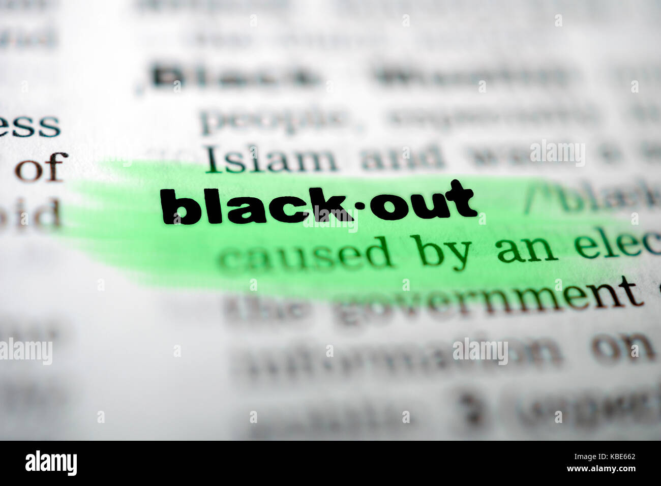 Closeup page with text BLACKOUT in colored highlight Stock Photo
