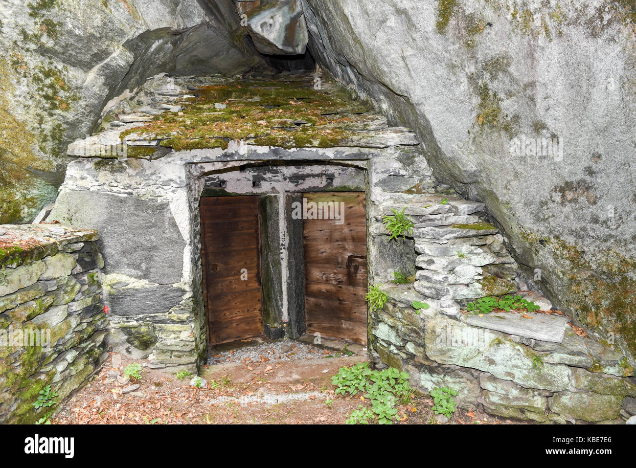 Typical grotto at Cevio on Maggia valley in the Swiss alps Stock Photo