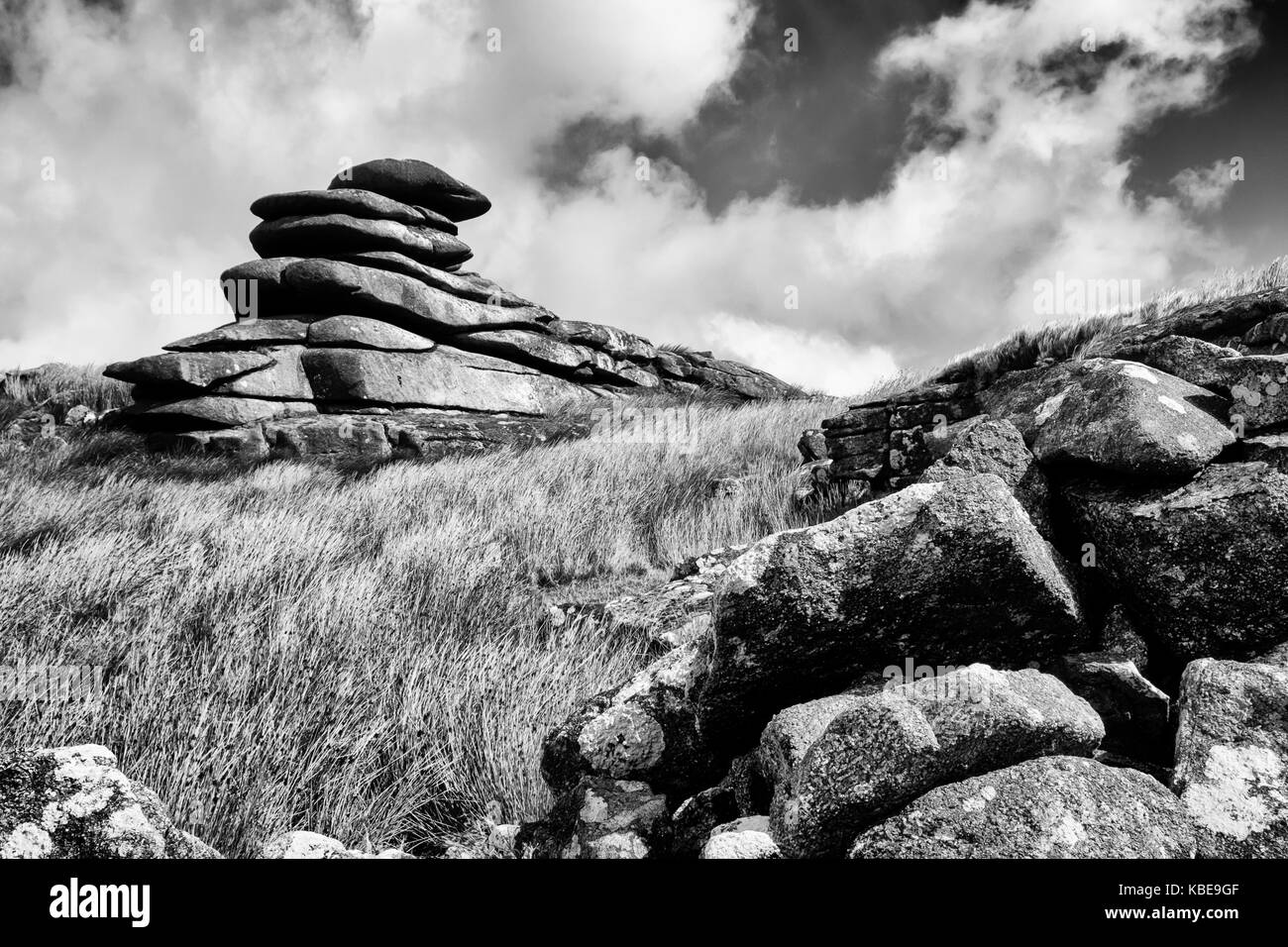 The Cheesewring is a granite tor in Cornwall, United Kingdom, situated on the eastern flank of Bodmin Moor on Stowe's Hill. Stock Photo