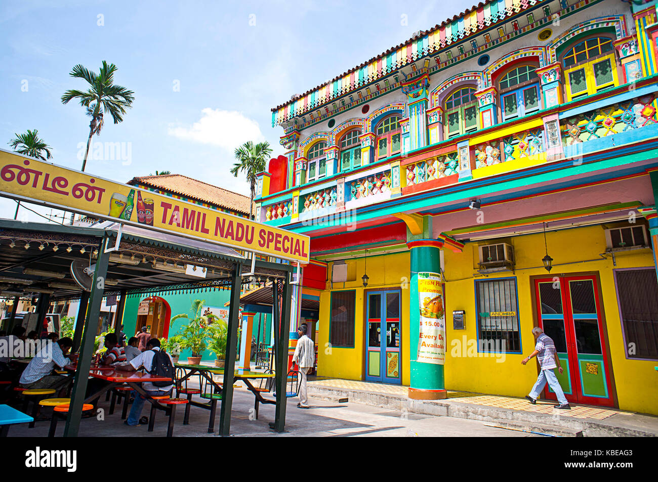 Colourful heritage building facades in Little India, centre of the city's large Indian community and one of its most vibrant districts. Singapore Stock Photo