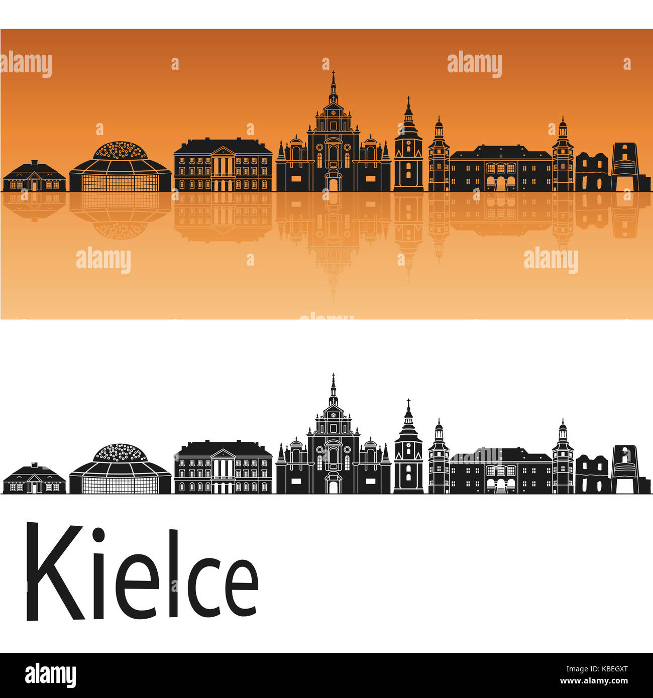 Kielce skyline in orange background in editable vector file Stock Photo