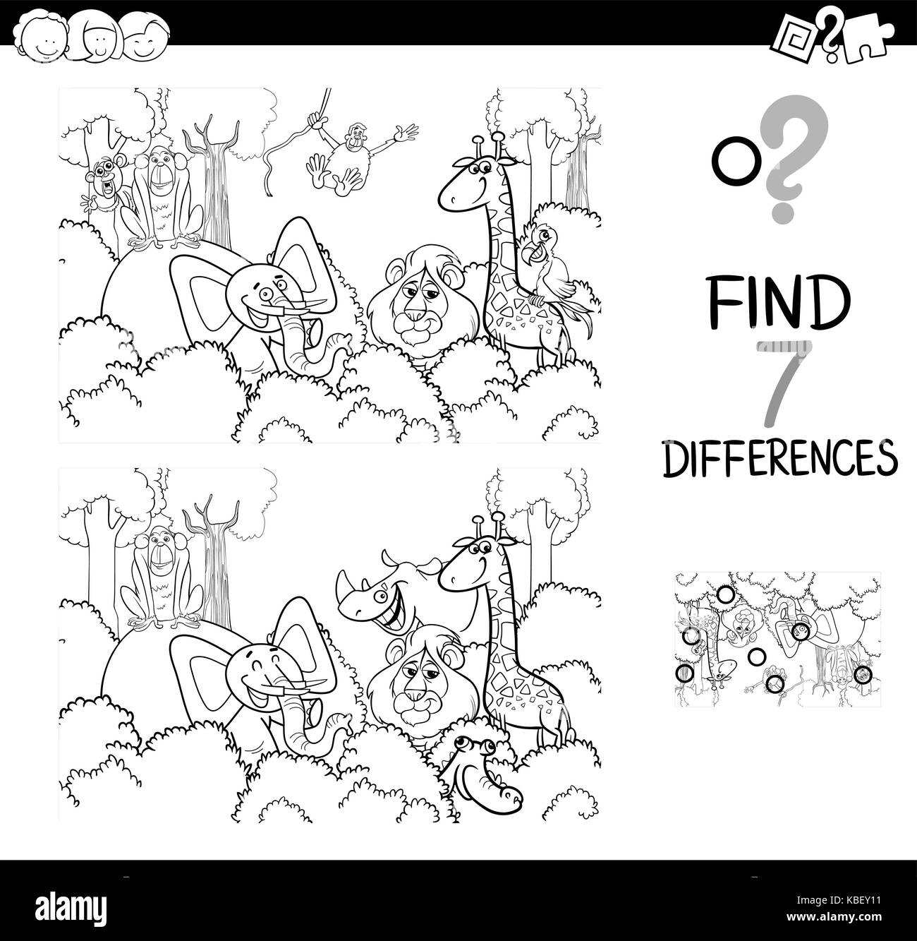 Black and White Cartoon Illustration of Find the Differences Between Pictures Educational Activity Game for Children with Wild Animal Characters Group Stock Vector