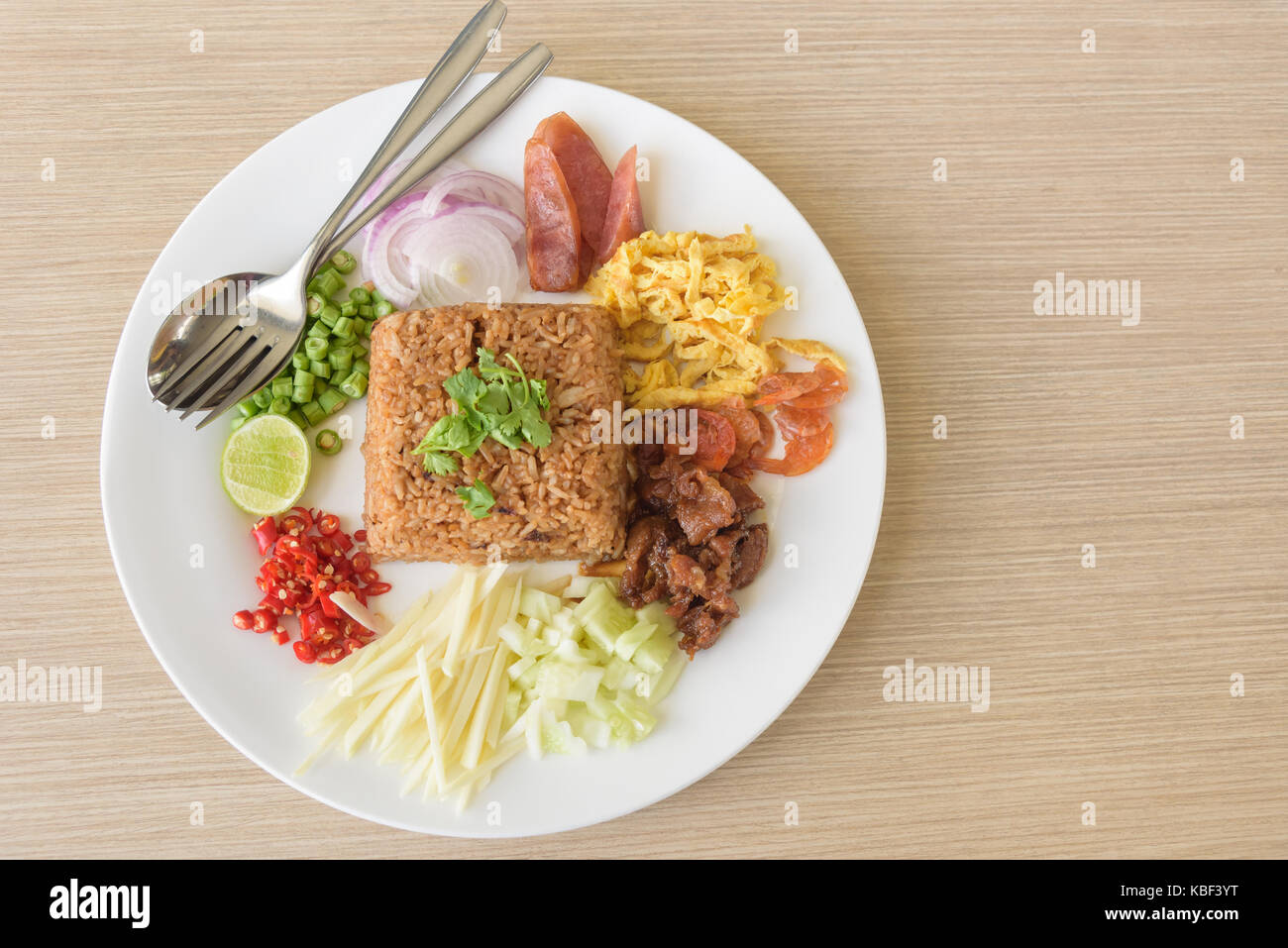 Mixed cooked rice with shrimp paste sauce, traditional Thai style food Stock Photo