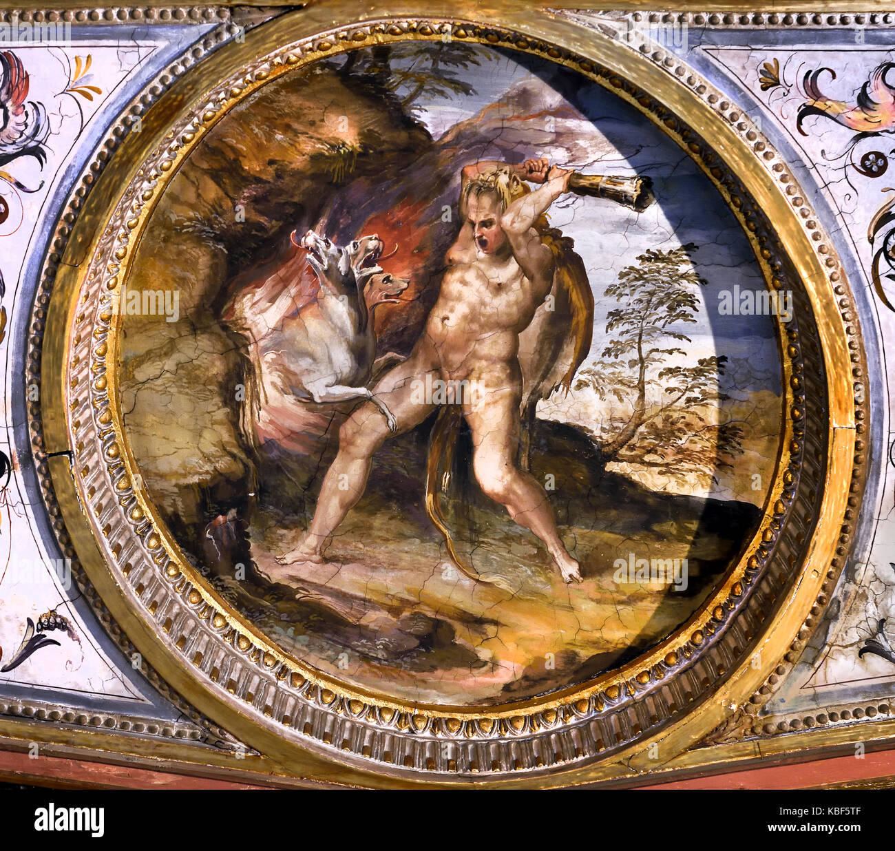 Ercole é Cerbero - Hercules is Cerberus by  Giorgio Vasari 1556-1557 The Hercules Room This room (the Sala di Ercole) gets its name from the subject of the paintings on the ceiling with stories of Hercules.The Palazzo Vecchio Florence Italy 16th Century Stock Photo
