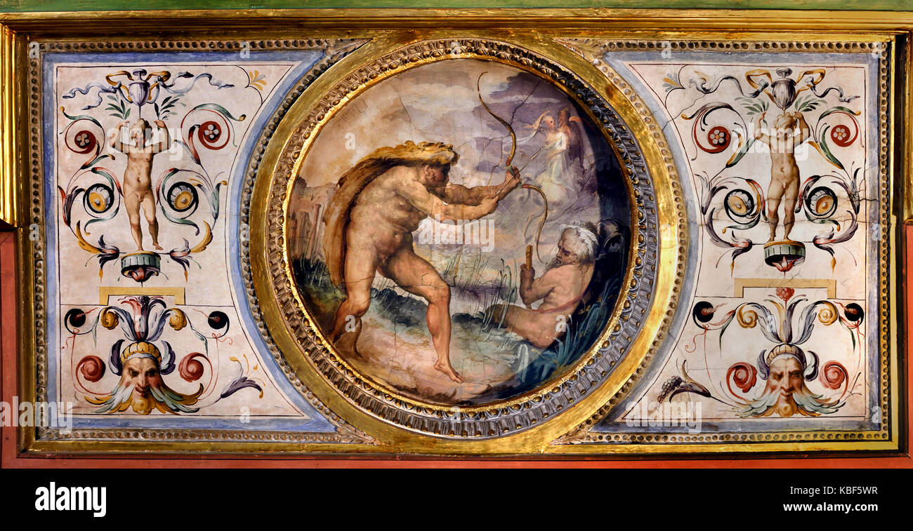 Hercules kills Nessus by Marco Marchetti 1555/1556 The Hercules Room This room (the Sala di Ercole) gets its name from the subject of the paintings on the ceiling with stories of Hercules.The Palazzo Vecchio Florence Italy 16th Century Stock Photo