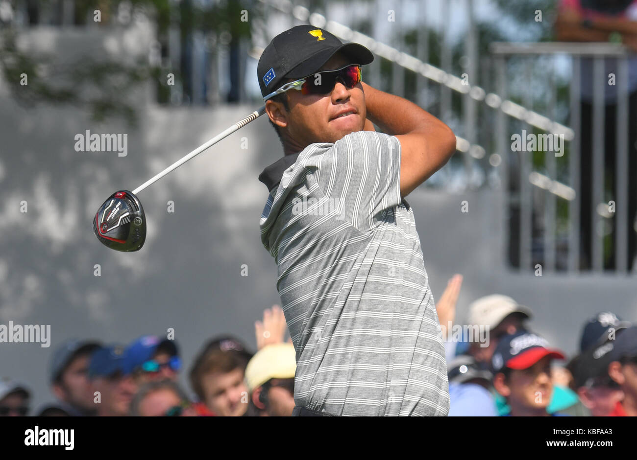 Jersey City, USA. 29th Sep, 2017. Hideki Matsuyama of the International Team watches his tee shot on the 2nd hole during the second round of the Presidents Cup at Liberty National Golf Course in Jersey City, New Jersey. Credit: Cal Sport Media/Alamy Live News Stock Photo