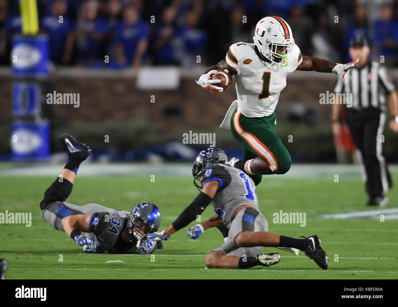 Durham, North Carolina, USA. 29th Sep, 2017. Mark Walton (1) of Miami