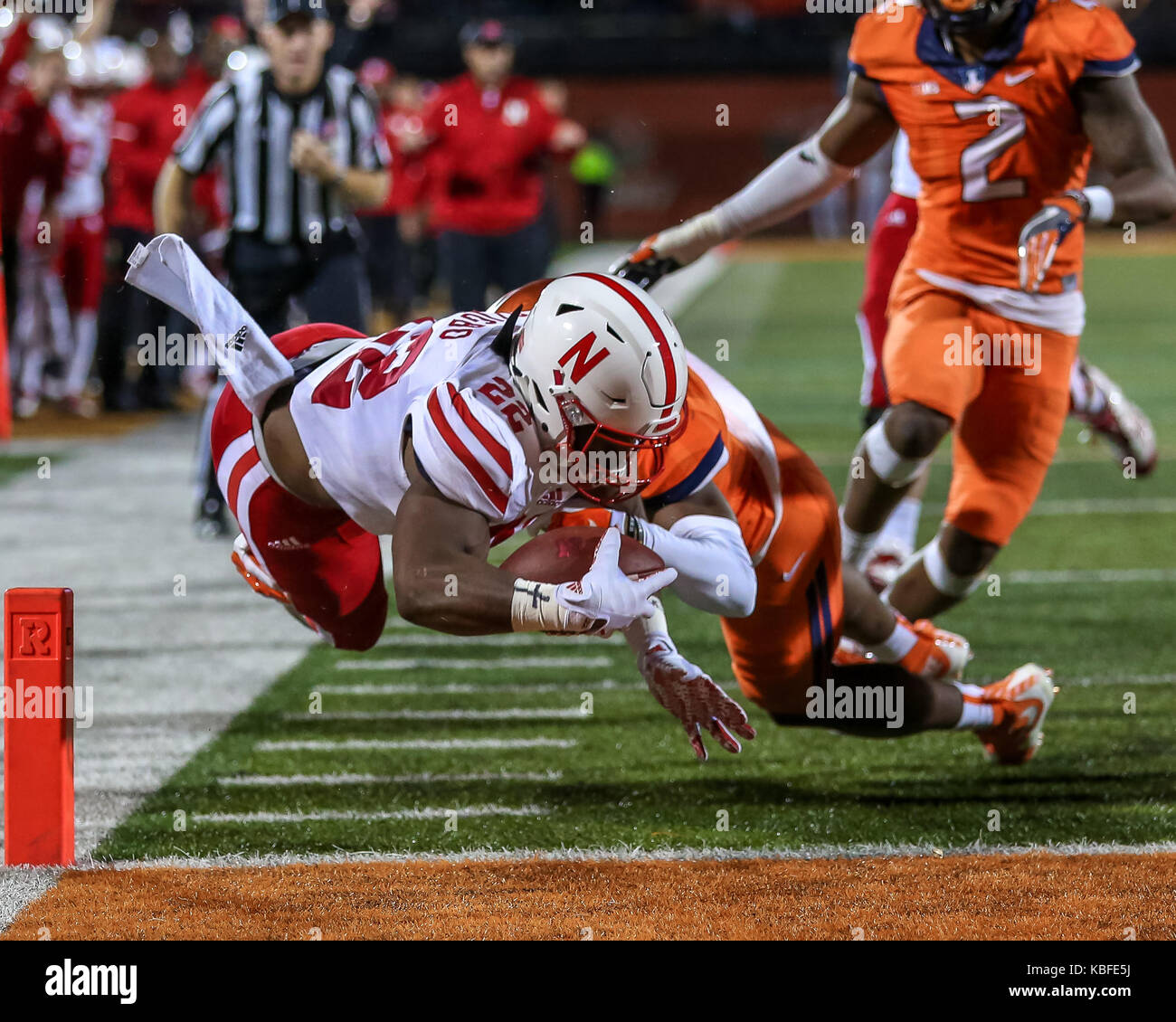 Friday September 29th - Nebraska Cornhuskers running back Devine Ozigbo (22) dives in for the touchdown in the first half during NCAA football game action between Nebraska and University of Illinois at Memorial Stadium in Champaign, IL. Stock Photo