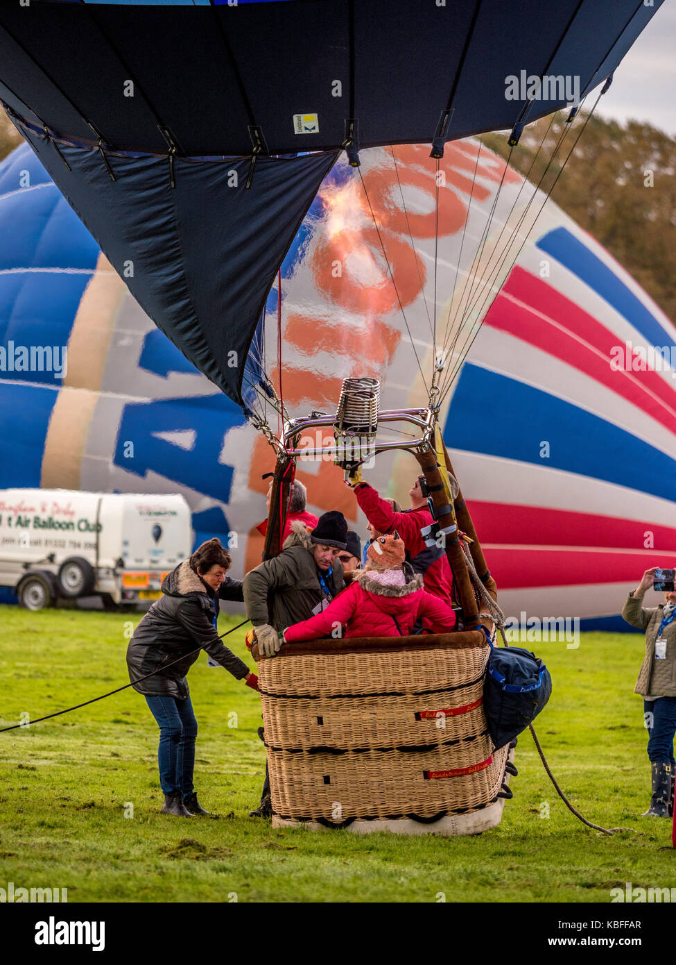 York, UK. 30th September, 2017. A mass balloon launch took place at sunrise from York Knavesmire as part of the first ever York Balloon Fiesta. Over 30 balloons took to the skies watched by hundreds of onlookers. The launch is part of a three day event which runs until Sunday the 1st of October. Photo Bailey-Cooper Photography/Alamy Live News Stock Photo