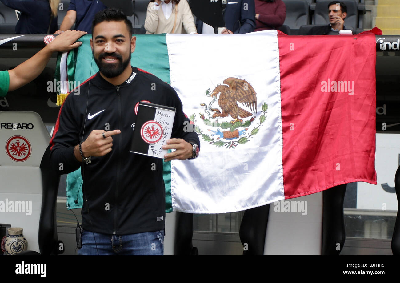 Frankfurt, Germany. 30th Sep, 2017. Frankfurt's Marco Fabian collects donations for earthquake victims in his home country Mexico before the German Bundesliga match between Eintrach Frankfurt and VfB Stuttgart in Frankfurt, Germany, 30 September 2017. (EMBARGO CONDITIONS - ATTENTION: Due to the accreditation guidelines, the DFL only permits the publication and utilisation of up to 15 pictures per match on the internet and in online media during the match.) Credit: Hasan Bratic/dpa/Alamy Live News Stock Photo