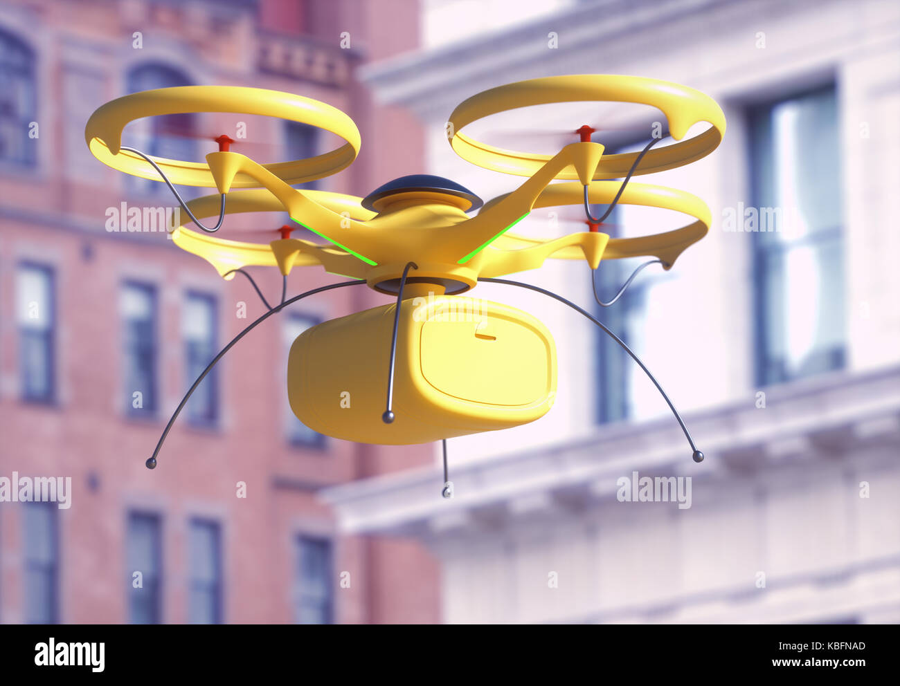 3D illustration. Conceptual image of package delivery by drone. Unmanned aerial vehicle (UAV) utilized to transport packages. Stock Photo