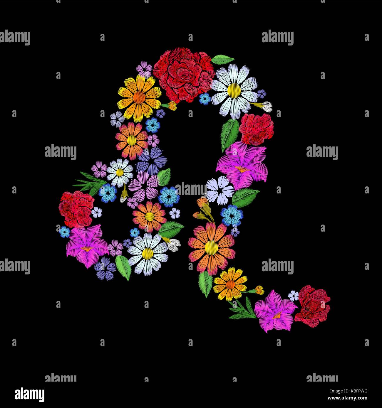 Leo zodiac sign flower arrangement. Horoscope astrology fashion floral embroidery patch design template. Texture stitch effect. Textile print on black Stock Vector