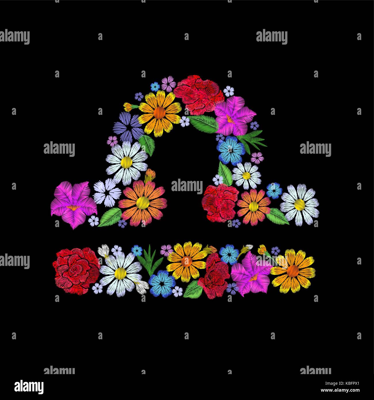 Libra zodiac sign flower arrangement. Horoscope astrology fashion floral embroidery patch design template. Texture stitch effect. Textile print on bla Stock Vector