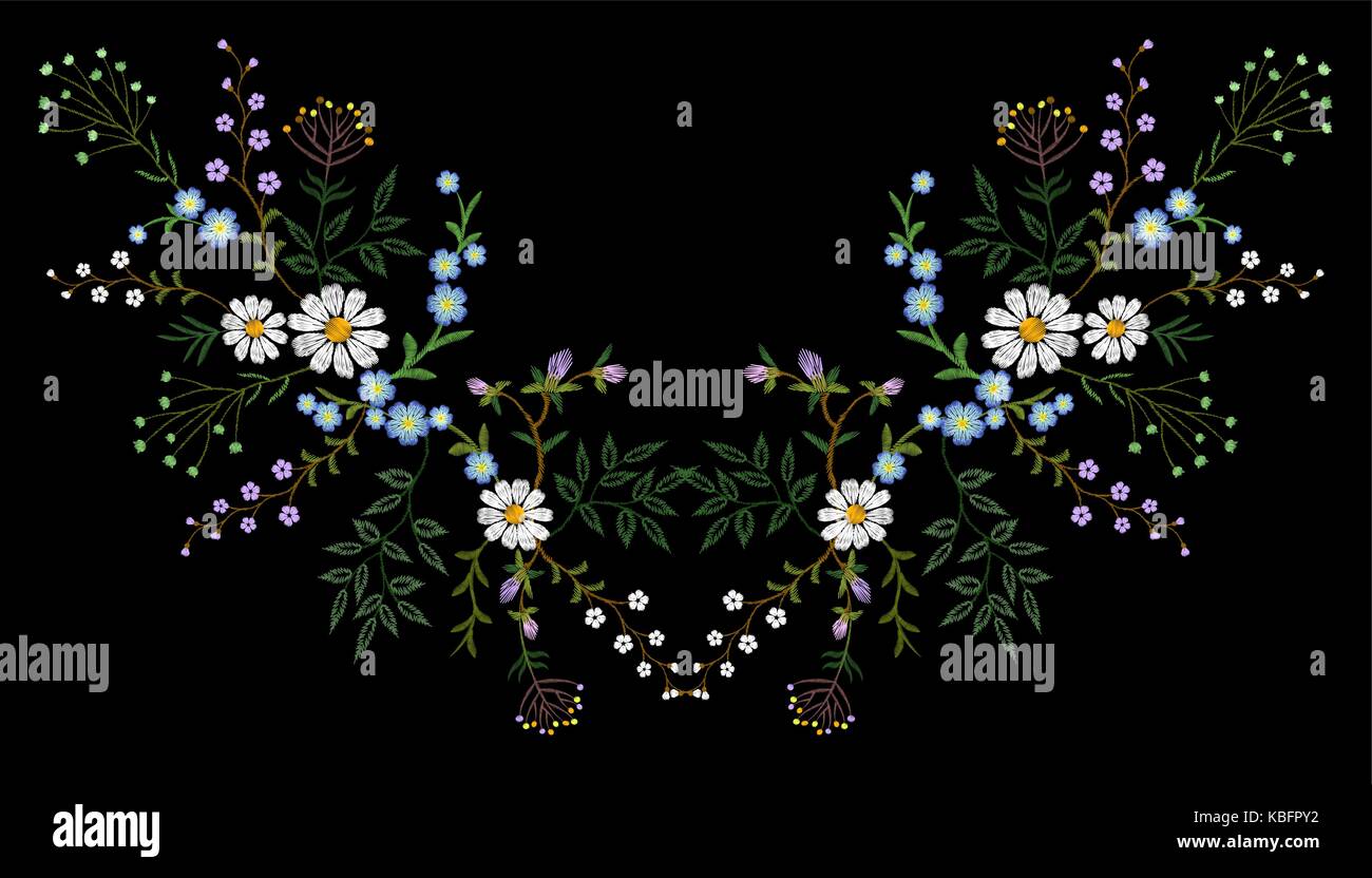 Embroidery trend floral pattern small branches herb daisy with little blue violet flower. Ornate reflection folk fashion patch design neckline blossom Stock Vector