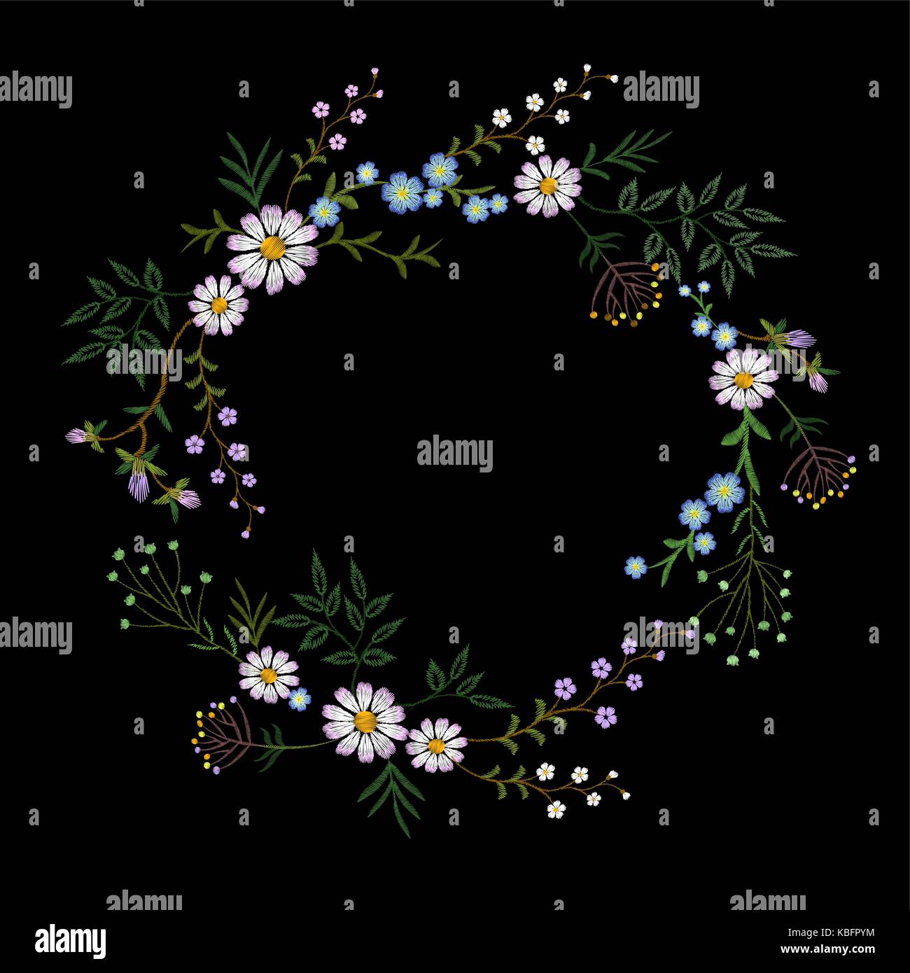 Vintage embroidered flower wreath. Fashion elegant delicate design decoration print. Daisy chamomile beautiful field rustic wildflowers isolated. Gree Stock Vector