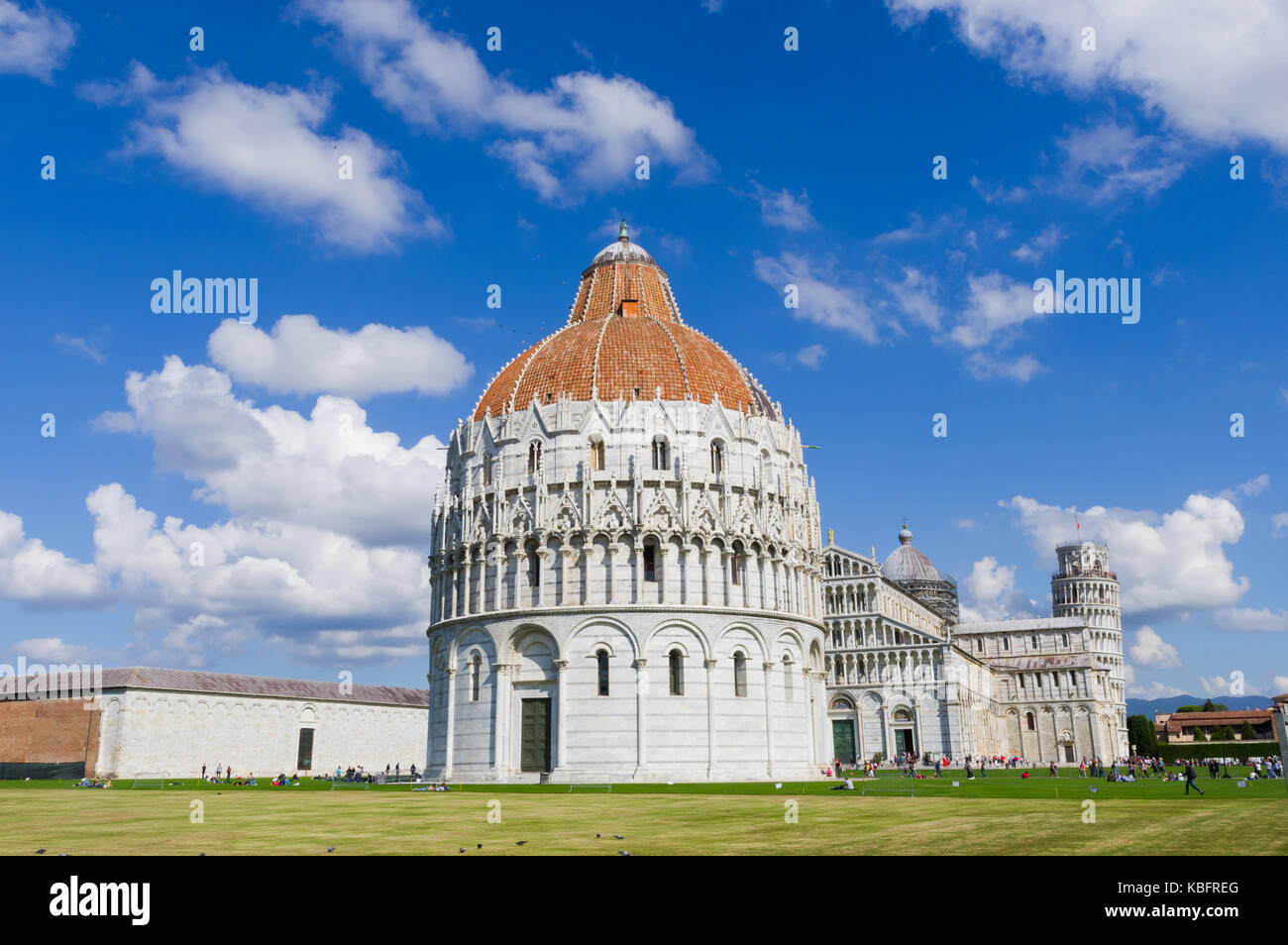 Pisa (Italy)  - Piazza dei miracoli (square of miracles) with, from left, the Camposanto Monumentale, the Baptistry, the Cathedral with its tower Stock Photo