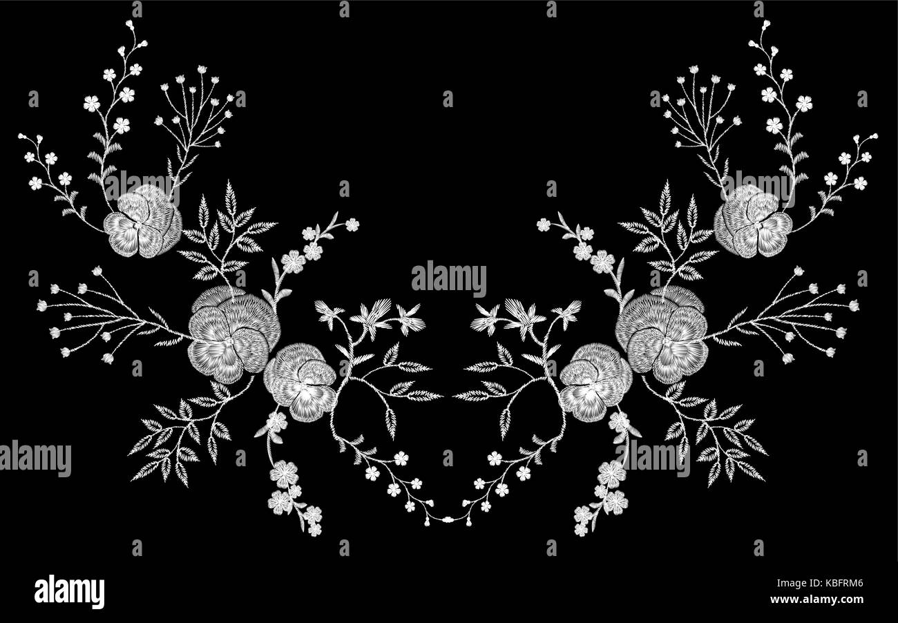 Embroidery white lace pancies floral reflection small branches wild herb with little blue violet field flower traditional folk fashion patch design ne Stock Vector