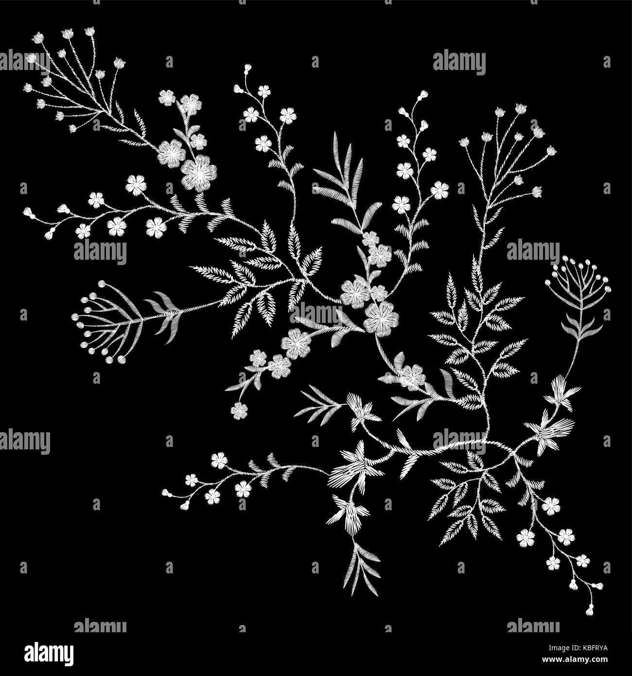 Embroidery white lace floral pattern small branches wild herb with little blue violet field flower. Ornate traditional folk fashion patch design black Stock Vector