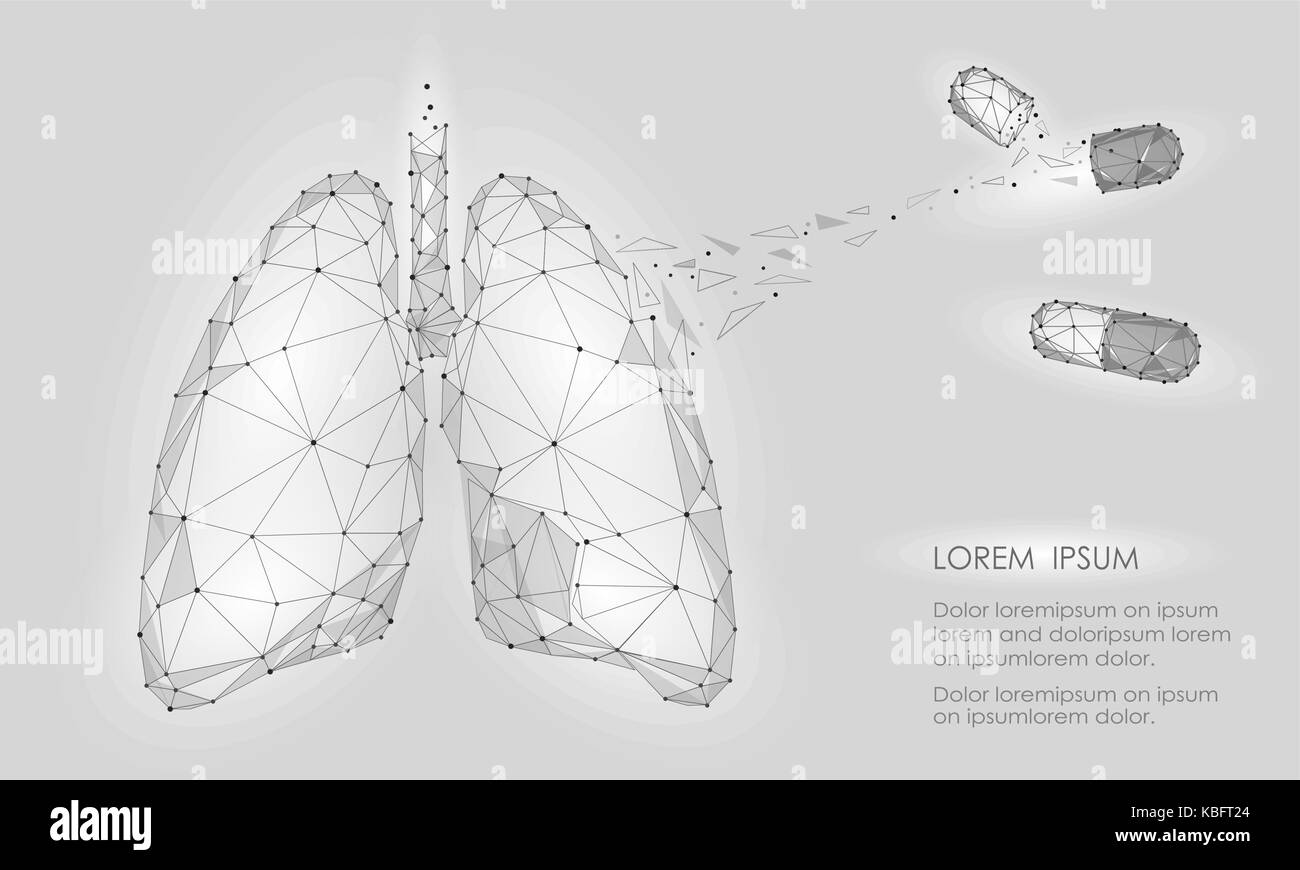Human Internal Organ Lungs Medicine Treatment Drug. Low Poly technology design. White Gray color polygonal triangle connected dots. Health medicine ic Stock Vector
