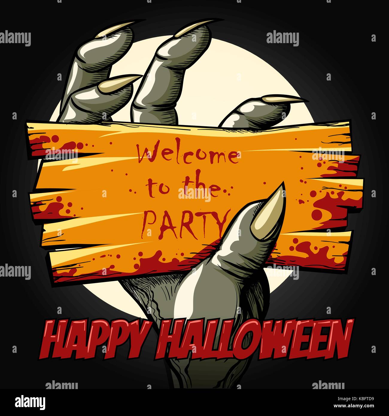 Happy Halloween Poster with monster hand holds invitation to the halloween Party. Vector illustration. Stock Vector