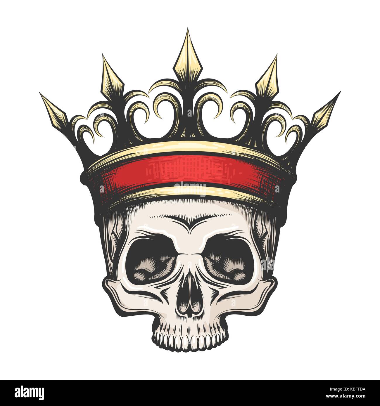 Hand drawn human skull in golden crown in tattoo style. Vector illustration Stock Vector