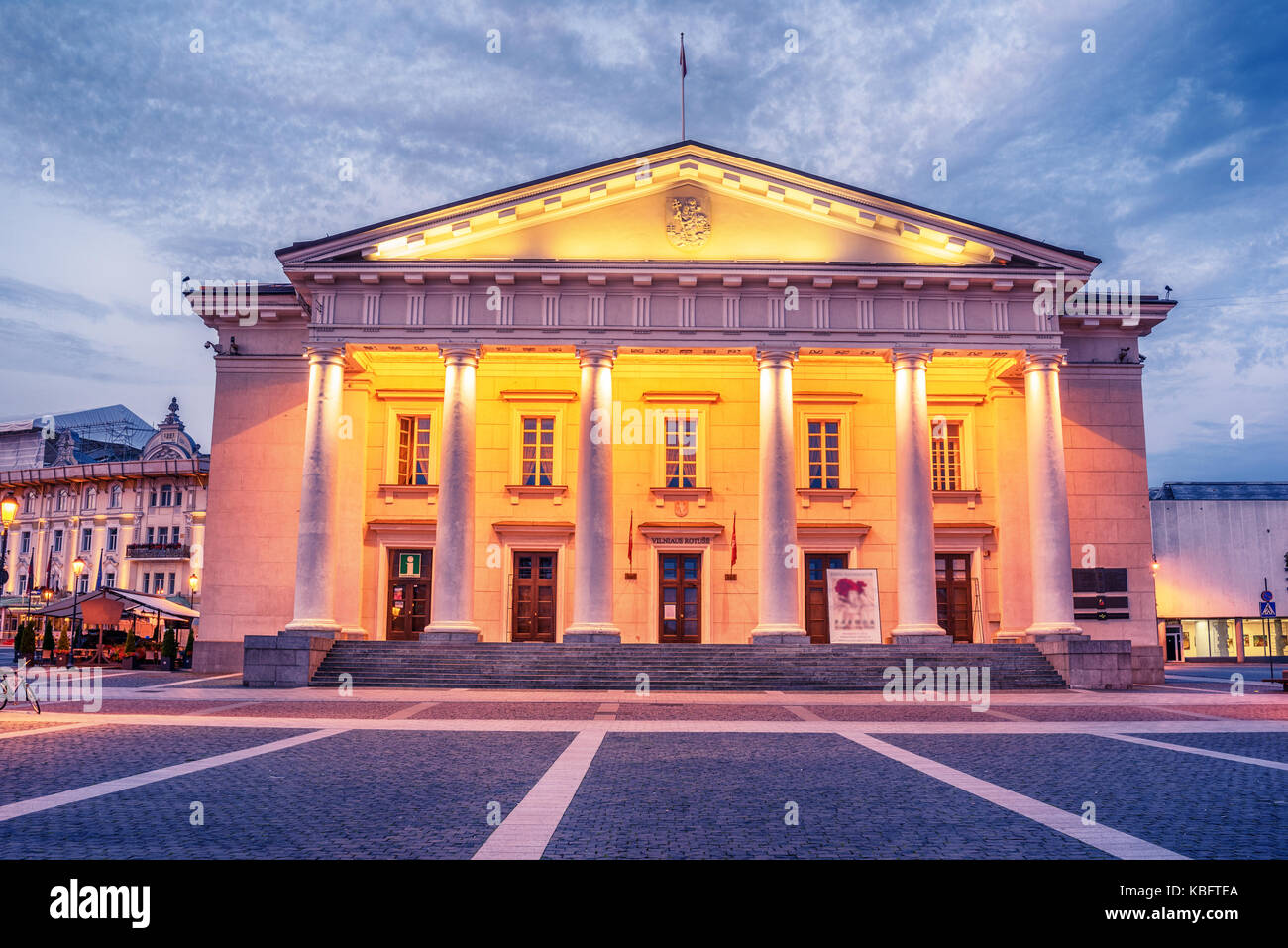 Vilnius, Lithuania: the Town Hall, Lithuanian Vilniaus rotuse, in the square of the same name in the sunrise Stock Photo