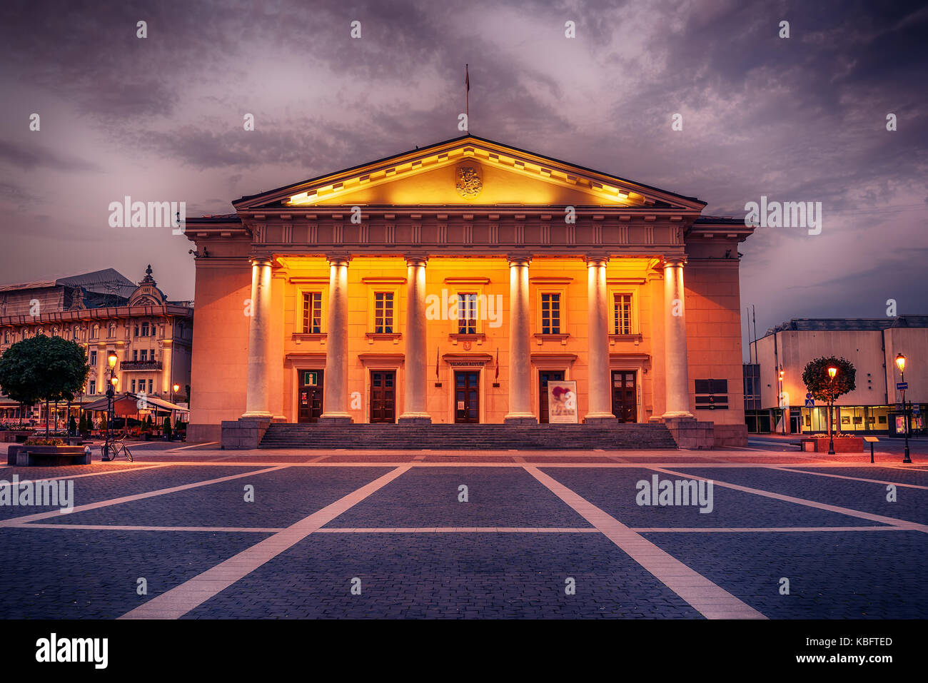 Vilnius, Lithuania: the Town Hall, Lithuanian Vilniaus rotuse, in the square of the same name in the sunrise Stock Photo