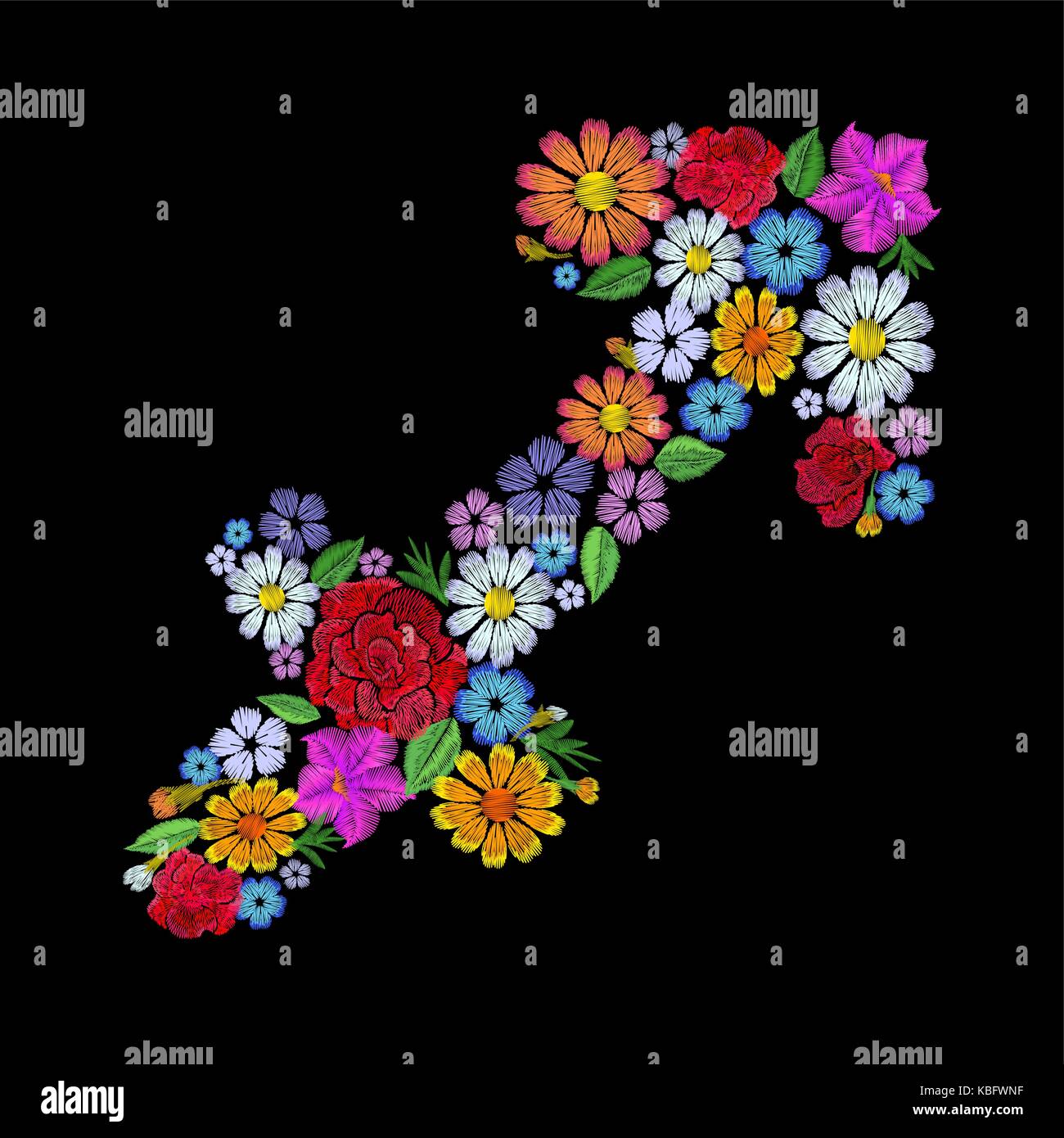 Sagittarius zodiac sign flower arrangement. Horoscope astrology fashion floral embroidery patch design template. Texture stitch effect. Textile print on black background vector illustration Stock Vector