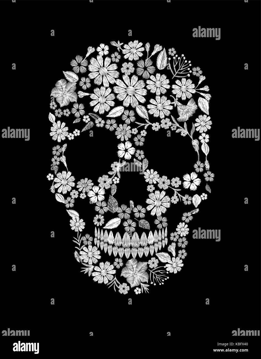 Vintage embroidered flower skull. Muertos Dead Day Fashion design decoration print. White lace marigold daisy chamomile beautiful isolated on black background. Greeting invitation vector illustration Stock Vector