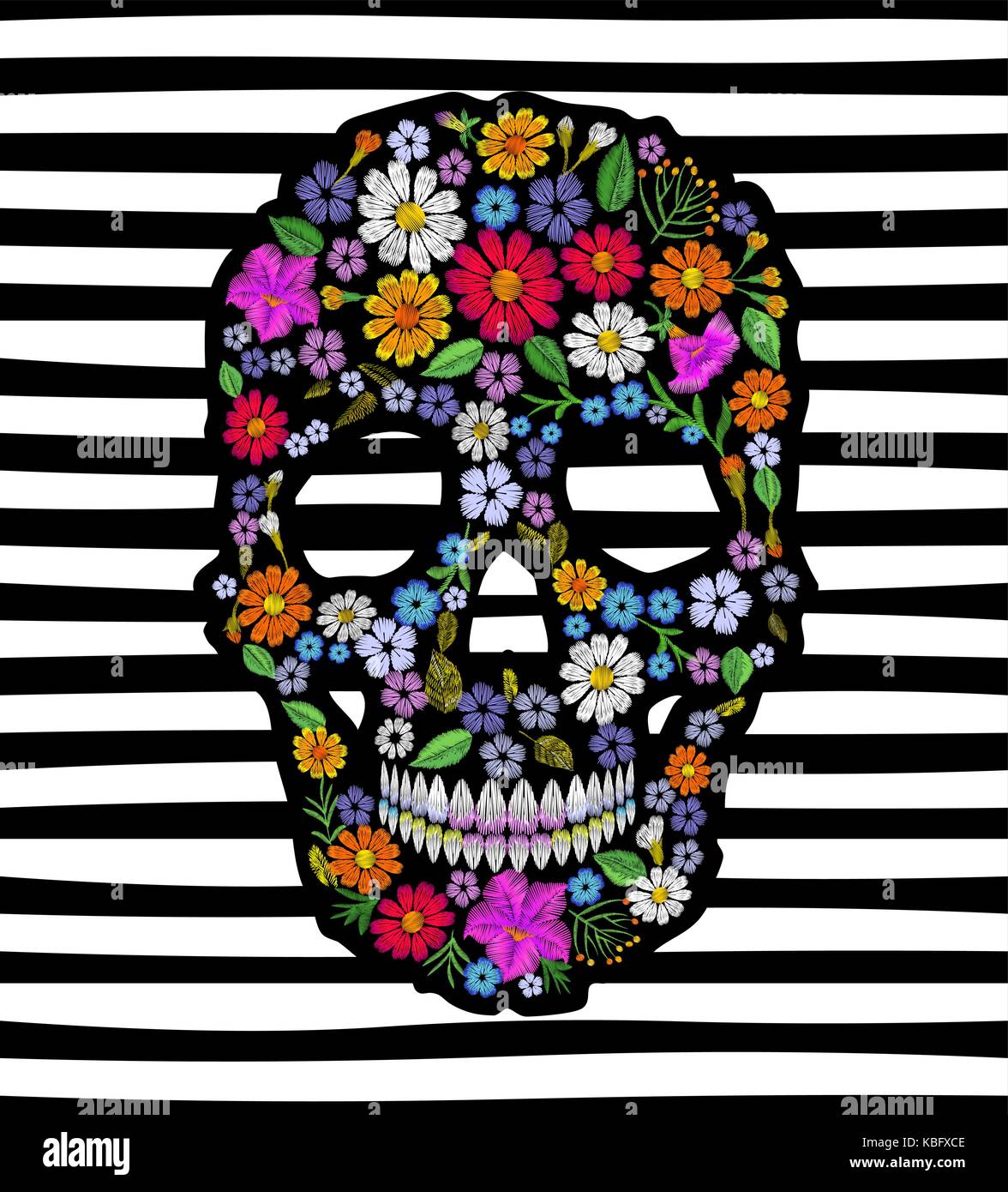 Vintage embroidered flower skull. Muertos Dead Day Fashion design decoration print. Marigold daisy chamomile beautiful isolated on black white striped background. Greeting vector illustration Stock Vector