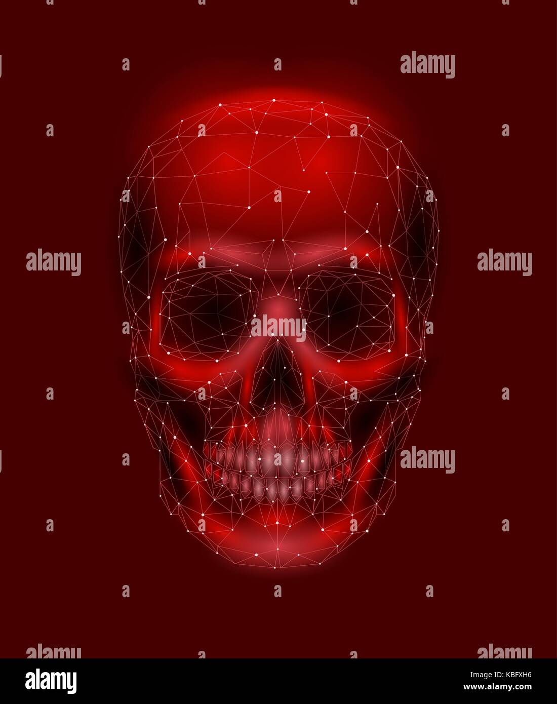 Scary human skull bone. Man head jaw eyes nose tooth. Low poly geometric connected dots triangle future technology design background red vector medicine illustration Stock Vector