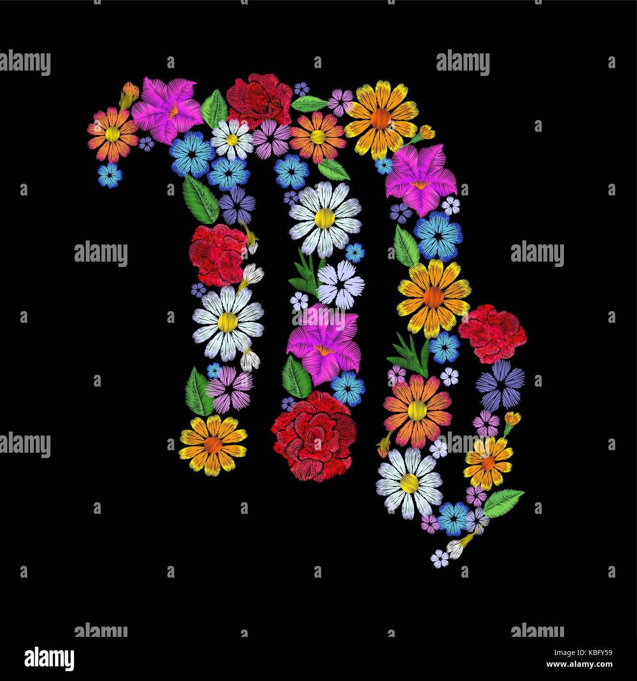 Virgo zodiac sign flower arrangement. Horoscope astrology fashion floral embroidery patch design template. Texture stitch effect. Textile print on black background vector illustration Stock Vector