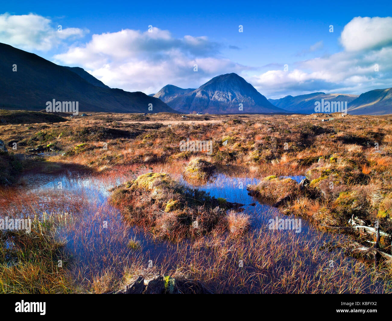 A colourful view across Rannoch Moor of the iconic mountain Buachaille Etive Mor in the Scottish Highlands Stock Photo