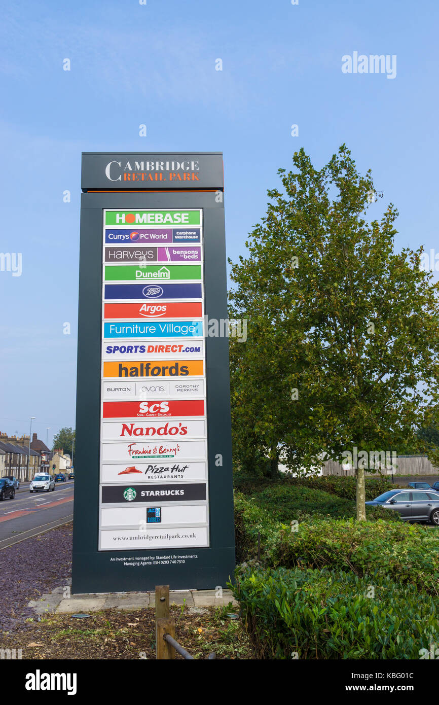 Name board for outlets at Cambridge Newmarket Road retail park Stock Photo